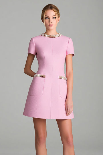 Pink Tweed Tight Short Sleeves Homecoming Outfits with Pearls