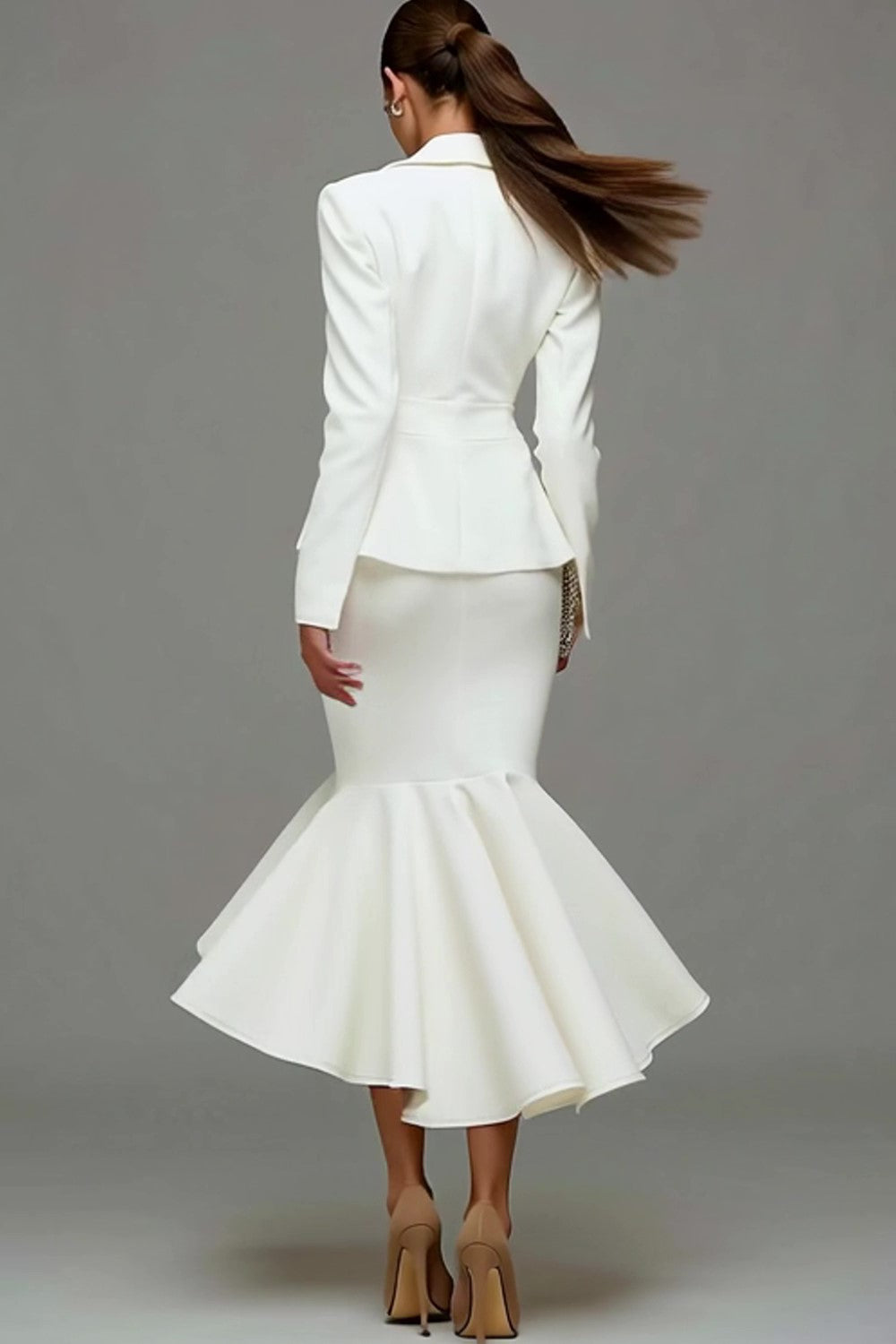Ivory Satin Notched Lapel 2 Piece Midi Business Suits with Ruffles