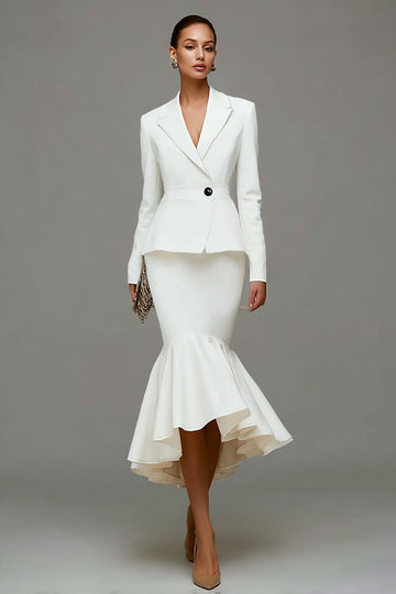 Ivory Satin Notched Lapel 2 Piece Midi Business Suits with Ruffles