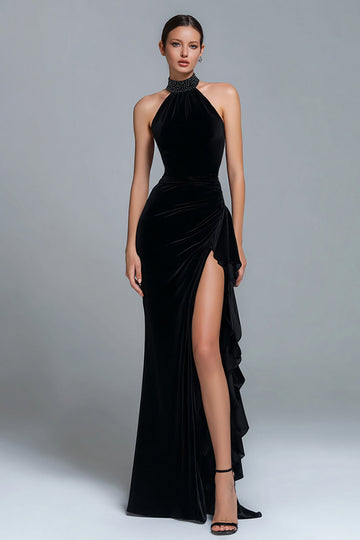 Sparkly Black Velvet High Neck Long Holiday Party Dress with Beading