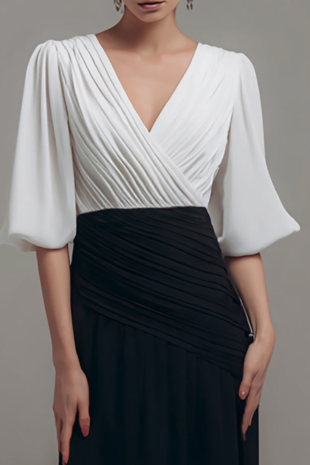 Black and White Chiffon V-Neck Long Formal Dress with Sleeves