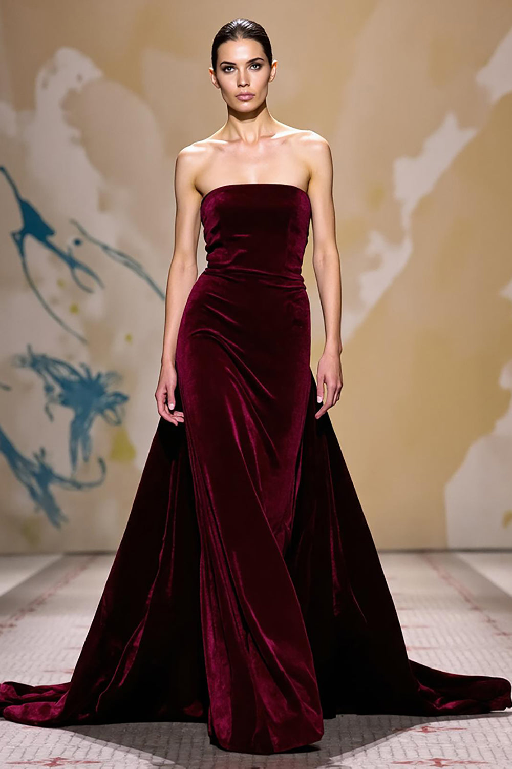 Dark Red Velvet Sheath Strapless Long Holiday Party Dress with Cape