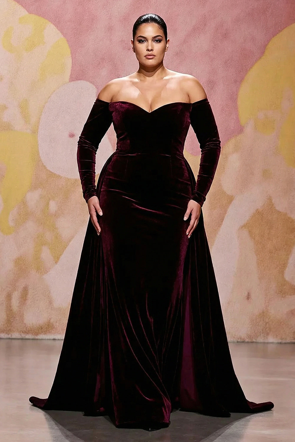 Plus Size Dark Red Velvet A Line Long Off the Shoulder Evening Dress