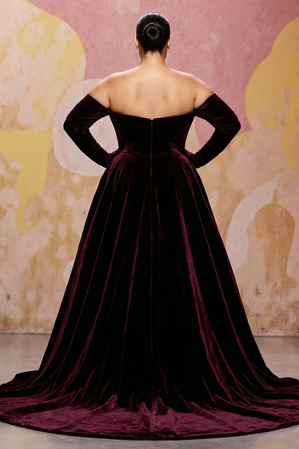 Plus Size Dark Red Velvet A Line Long Off the Shoulder Evening Dress
