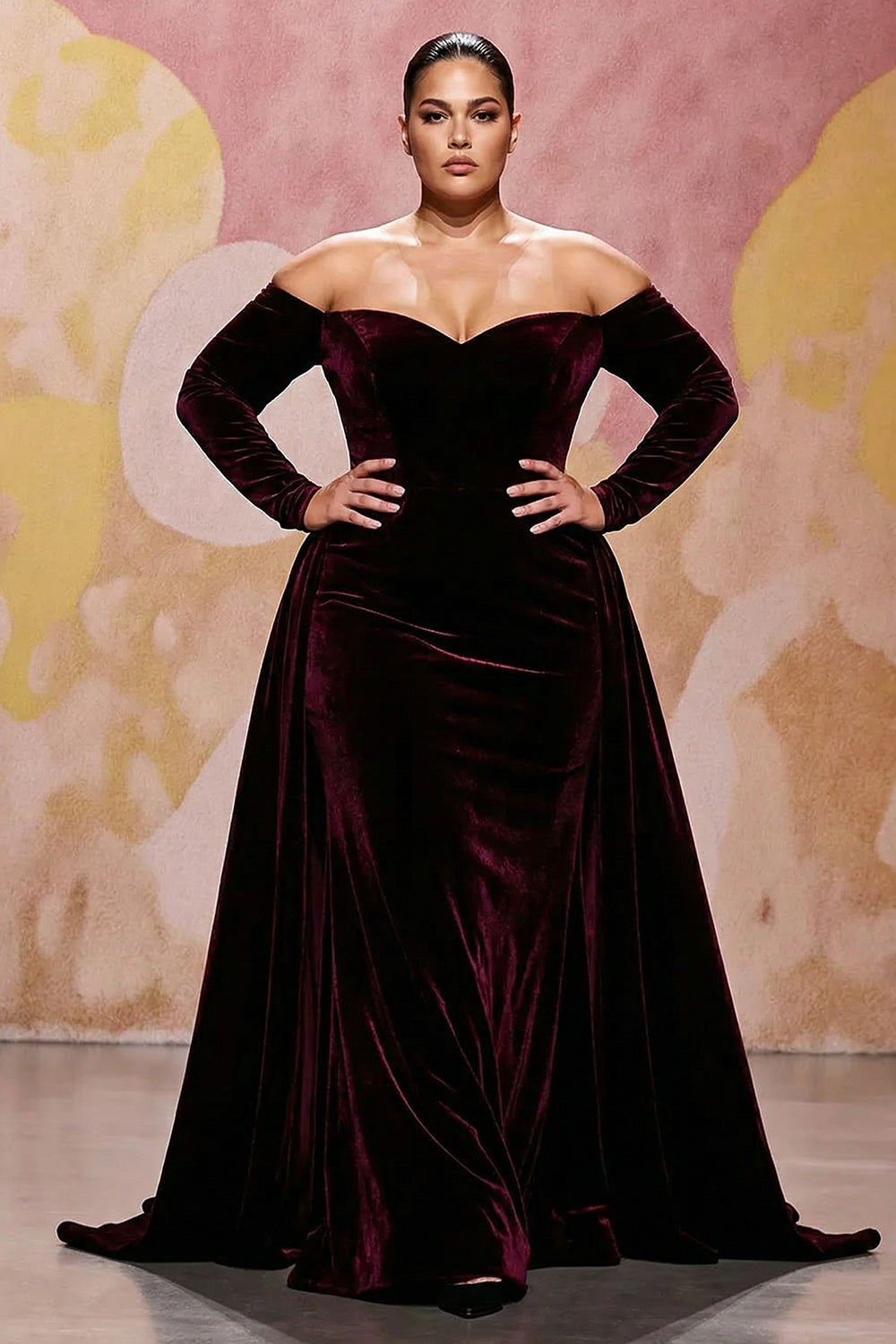 Plus Size Dark Red Velvet A Line Long Off the Shoulder Evening Dress