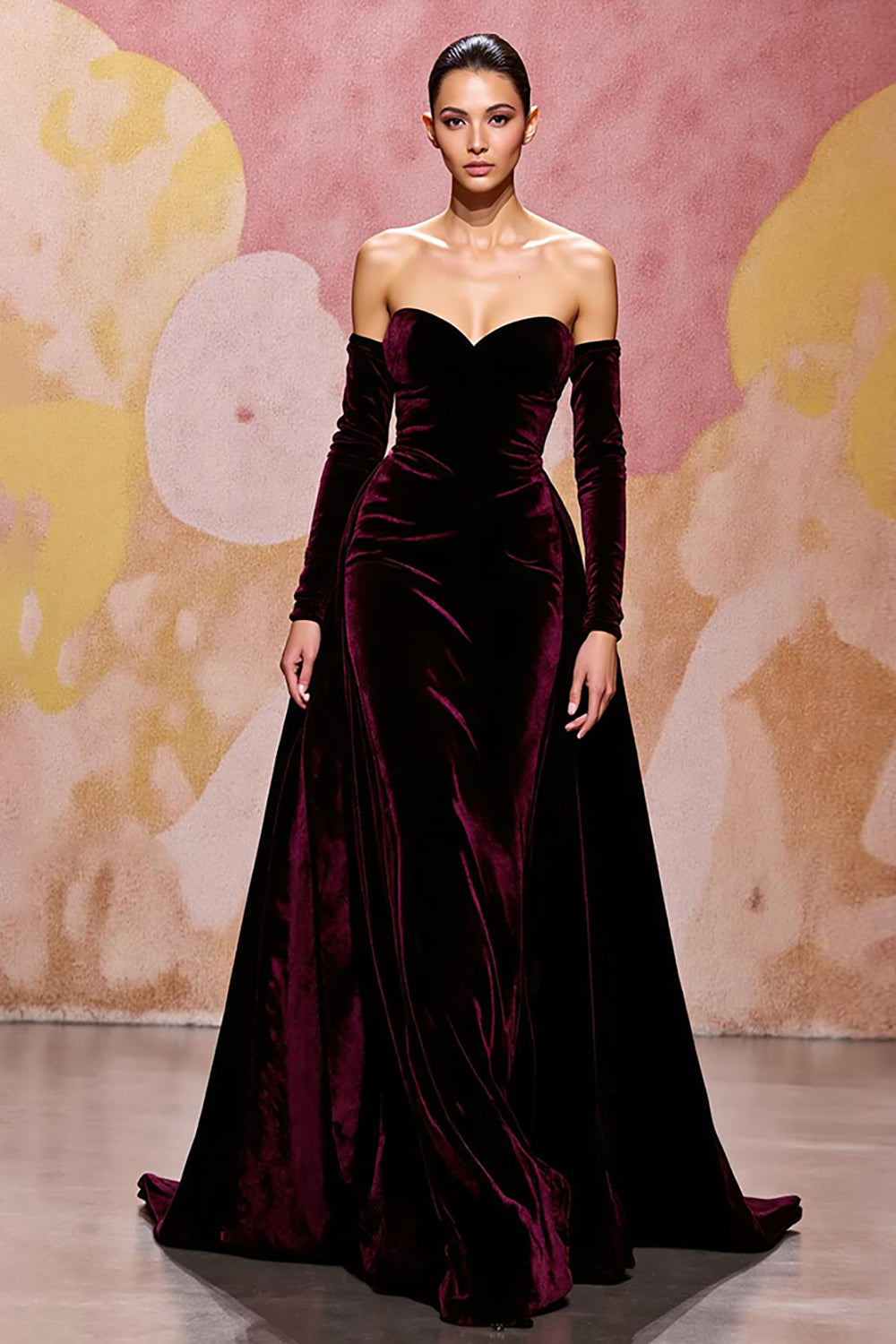 Plus Size Dark Red Velvet A Line Long Off the Shoulder Evening Dress