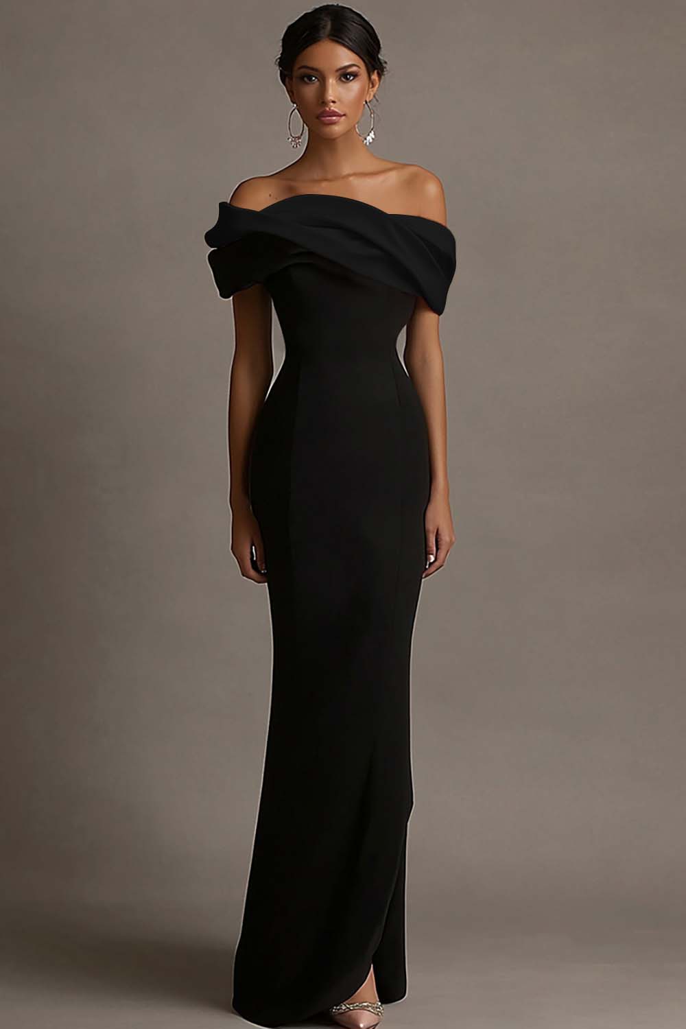 Black and Pink Satin Off the Shoulder Sheath Long Evening Dress
