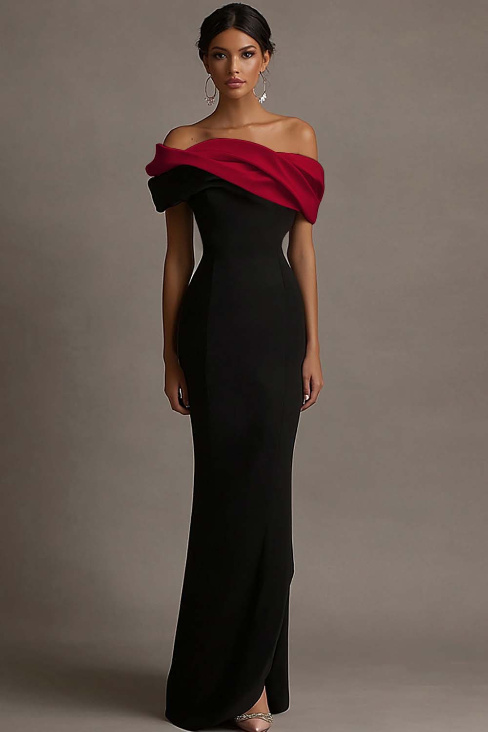 Black and Pink Satin Off the Shoulder Sheath Long Evening Dress