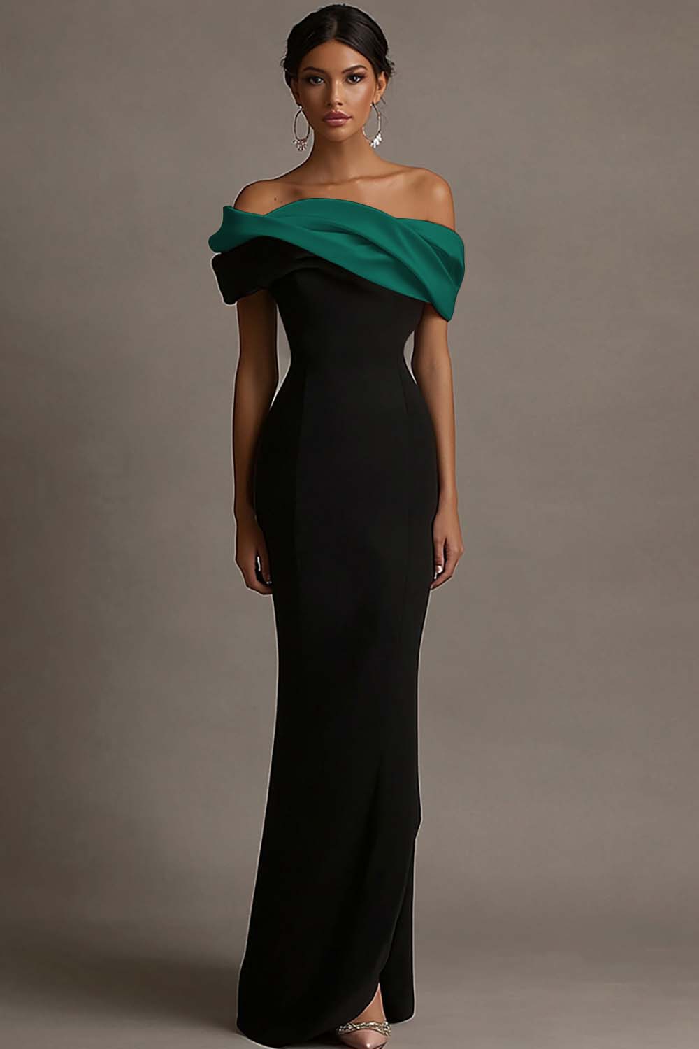 Black and Pink Satin Off the Shoulder Sheath Long Evening Dress