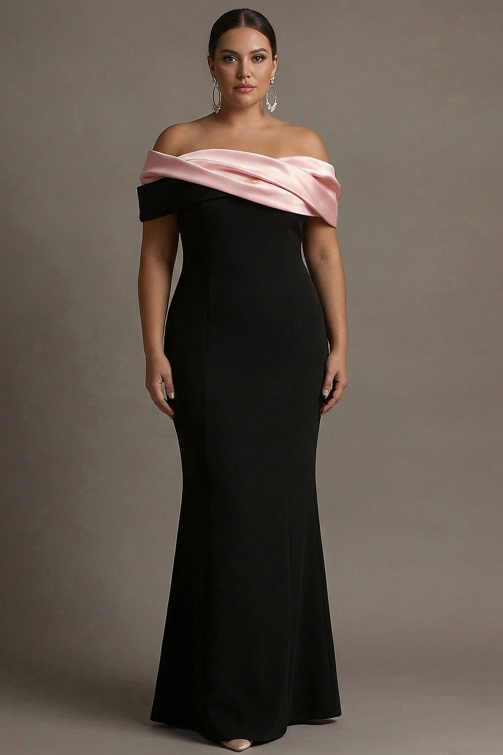 Black and Pink Satin Off the Shoulder Sheath Long Evening Dress