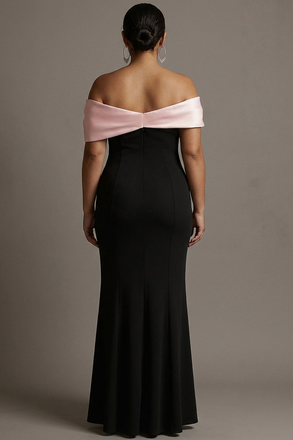 Black and Pink Satin Off the Shoulder Sheath Long Evening Dress