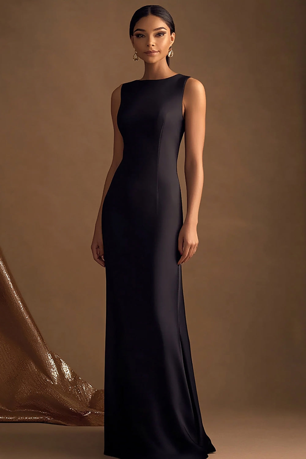 Simple Black Sheath Satin Boat Neck Long Evening Dress