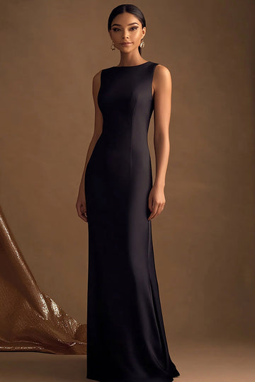 Simple Black Sheath Satin Boat Neck Long Evening Dress