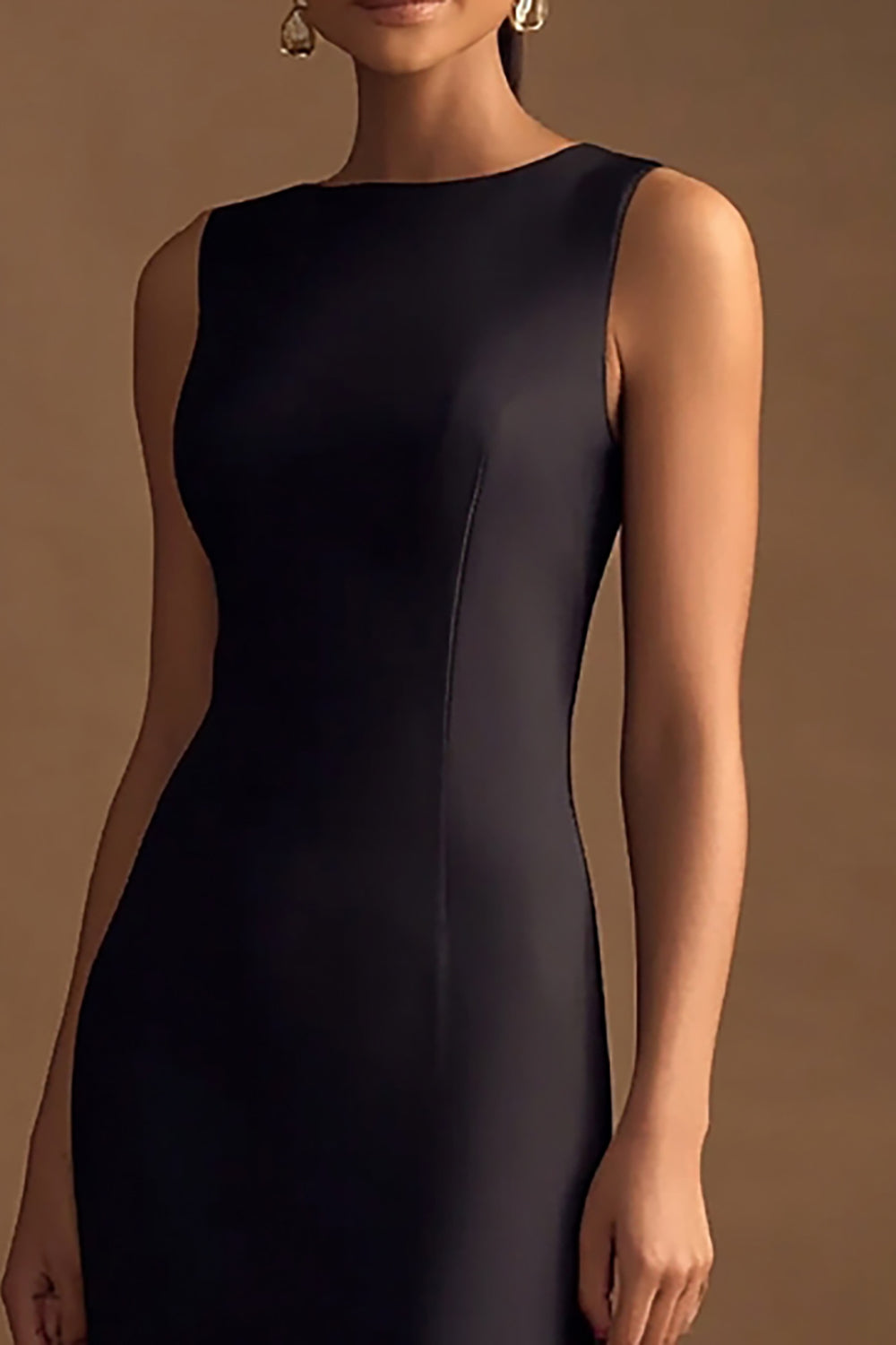 Simple Black Sheath Satin Boat Neck Long Evening Dress