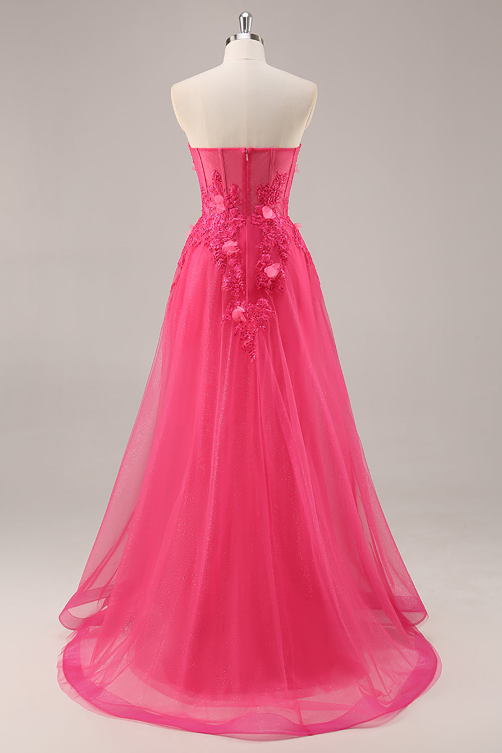 Fuchsia Floral Corset Sweetheart Tulle Long Prom Dress with Slit
