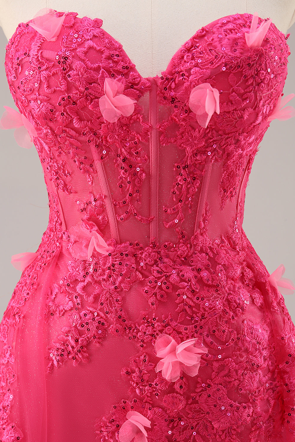 Fuchsia Floral Corset Sweetheart Tulle Long Prom Dress with Slit