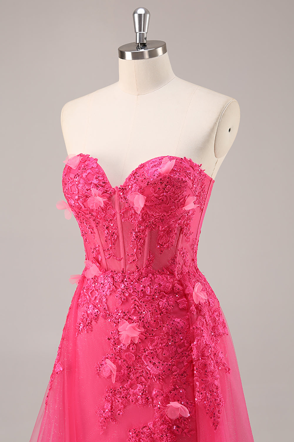 Fuchsia Floral Corset Sweetheart Tulle Long Prom Dress with Slit