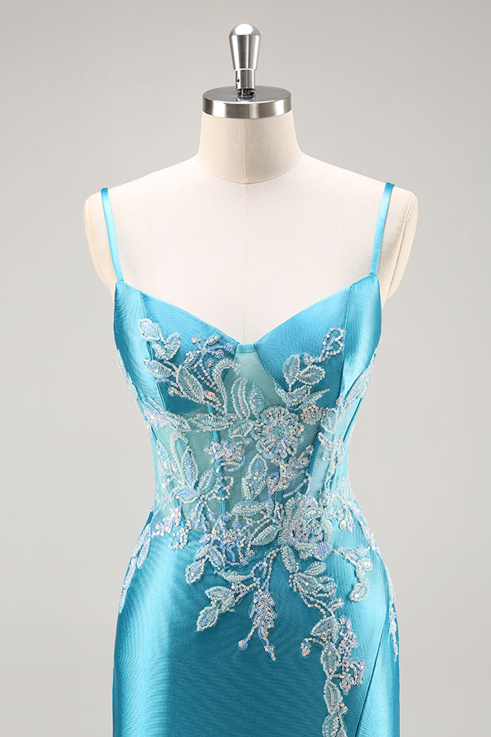 Blue Corset Appliqued Satin Mermaid Long Prom Dress with Slit