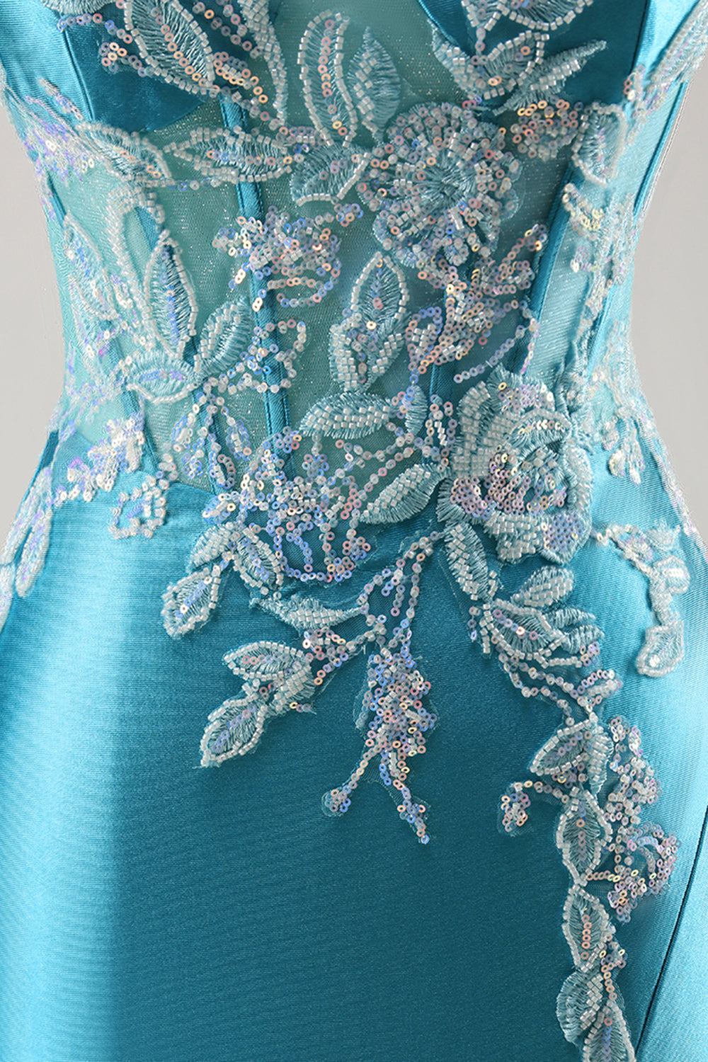 Blue Corset Appliqued Satin Mermaid Long Prom Dress with Slit