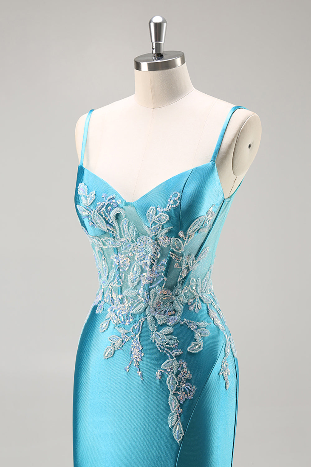 Blue Corset Appliqued Satin Mermaid Long Prom Dress with Slit