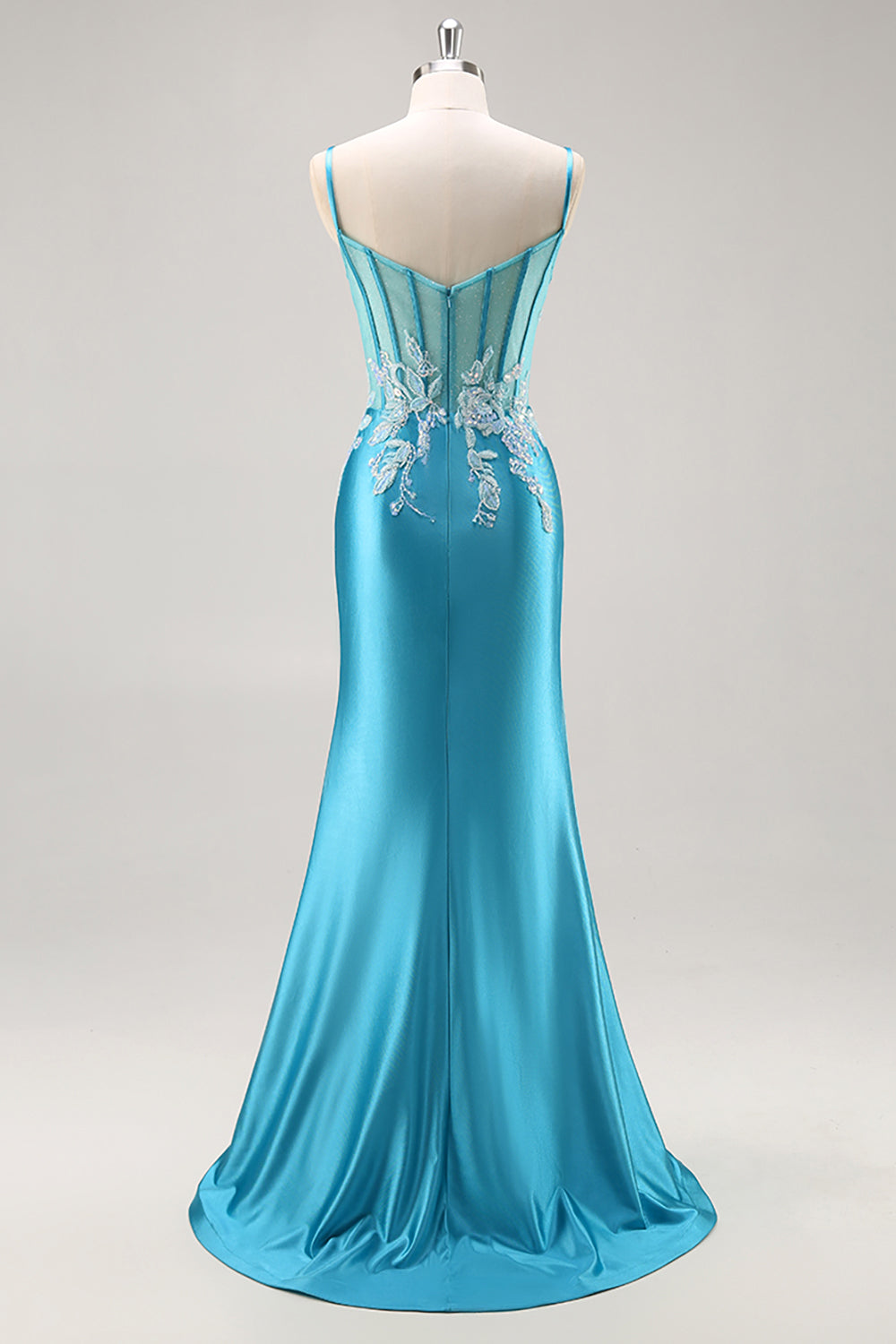 Blue Corset Appliqued Satin Mermaid Long Prom Dress with Slit