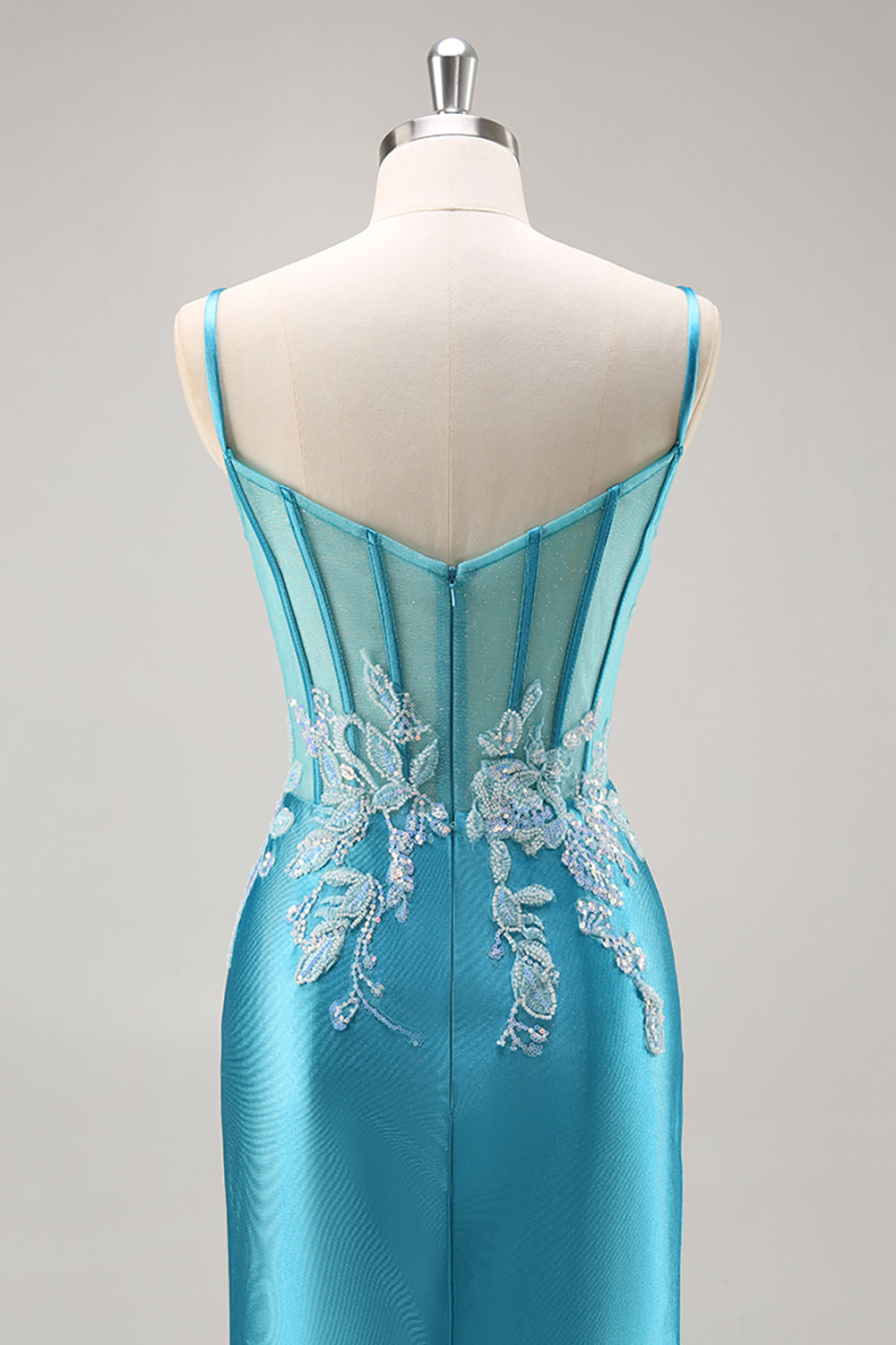 Blue Corset Appliqued Satin Mermaid Long Prom Dress with Slit