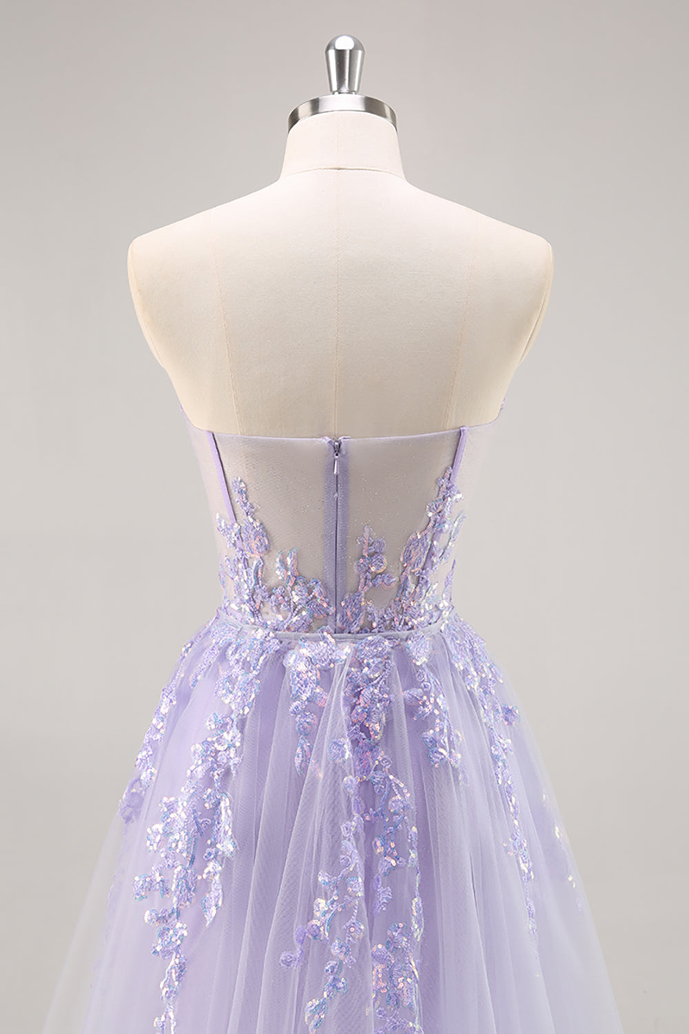 Sparkly Lilac Tulle Strapless Corset Long Prom Dress with Appliques
