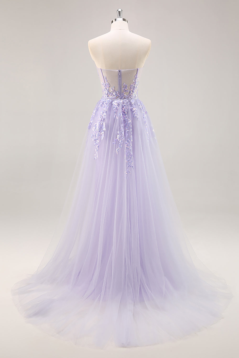 Sparkly Lilac Tulle Strapless Corset Long Prom Dress with Appliques