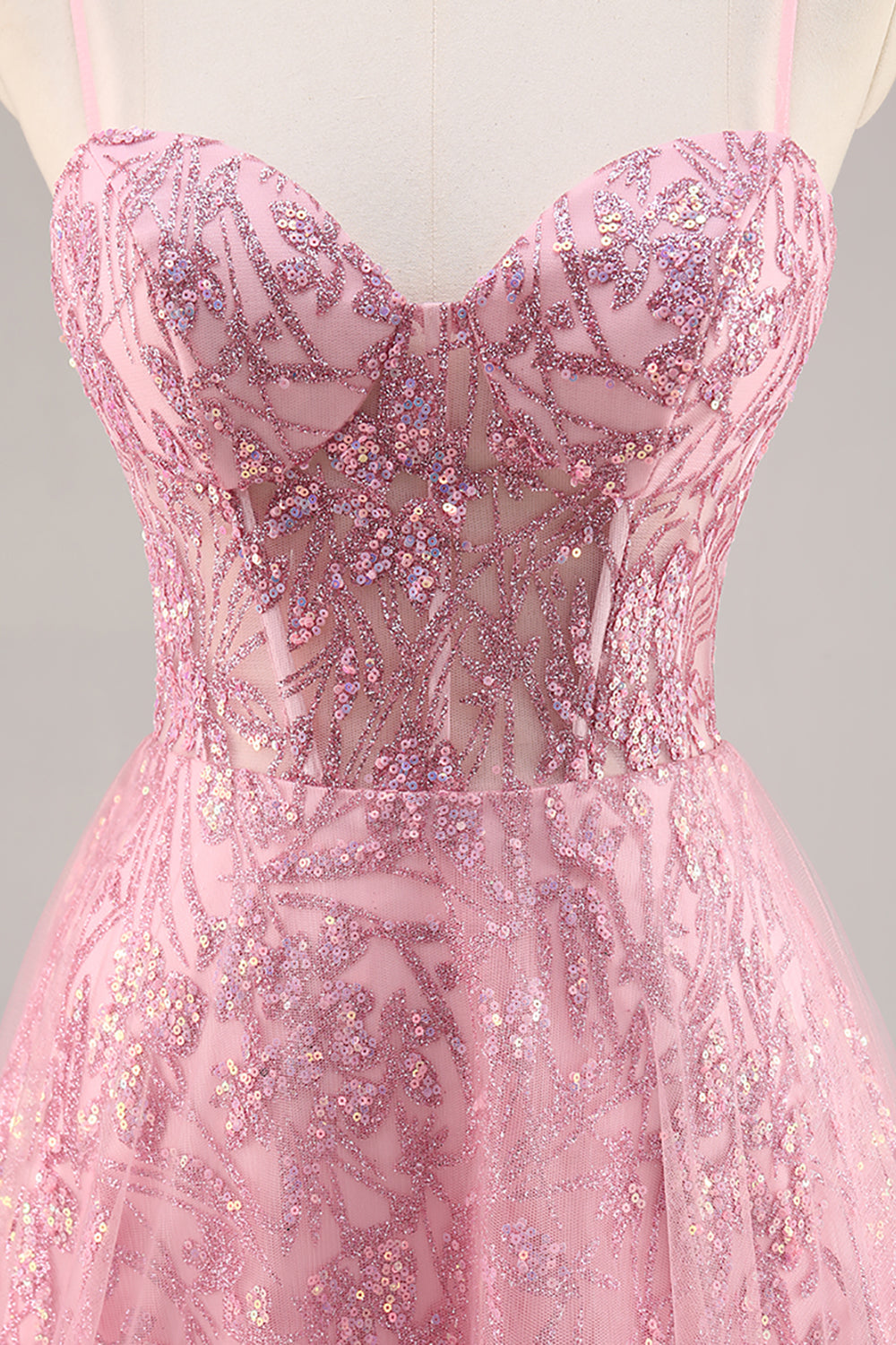 Sparkly Pink Corset Tulle Spaghetti Straps Long Prom Dress with Sequins