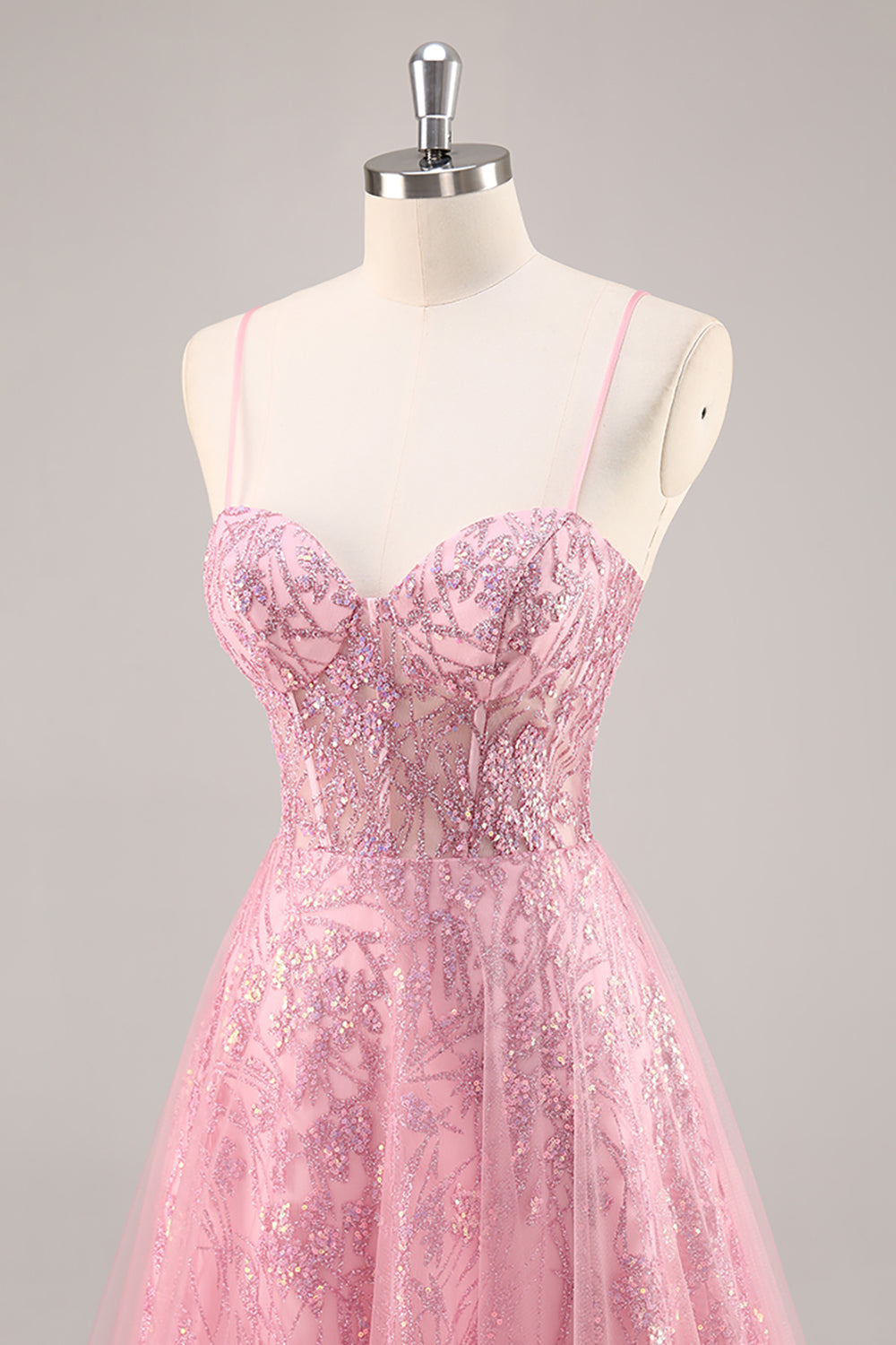 Sparkly Pink Corset Tulle Spaghetti Straps Long Prom Dress with Sequins