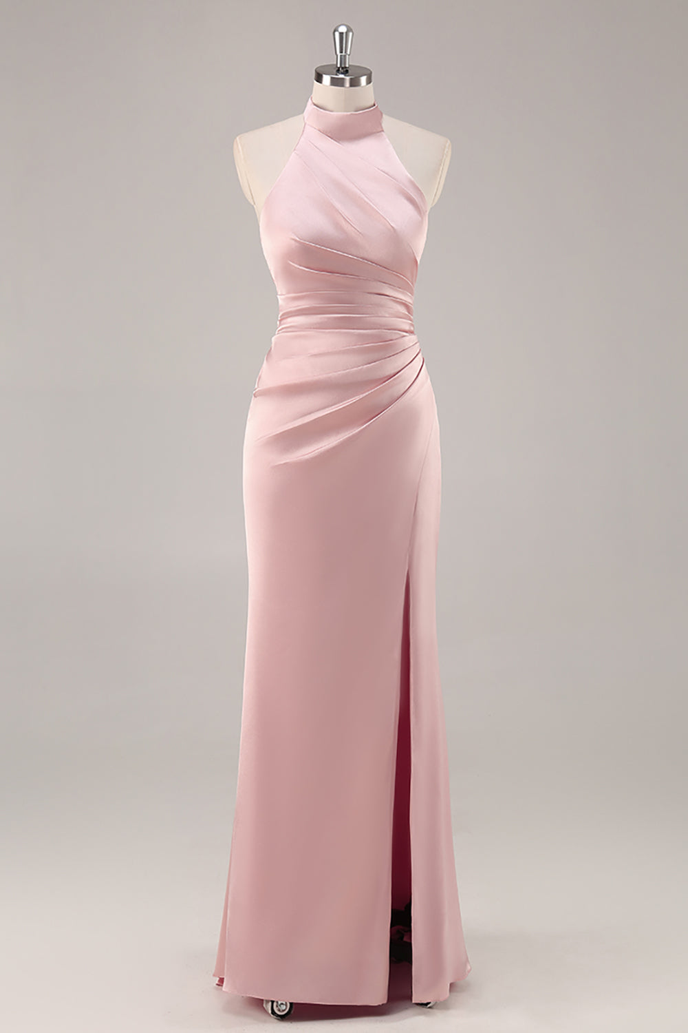 Sage Green Satin Halter Ruched Mermaid Long Bridesmaid Dress with Slit