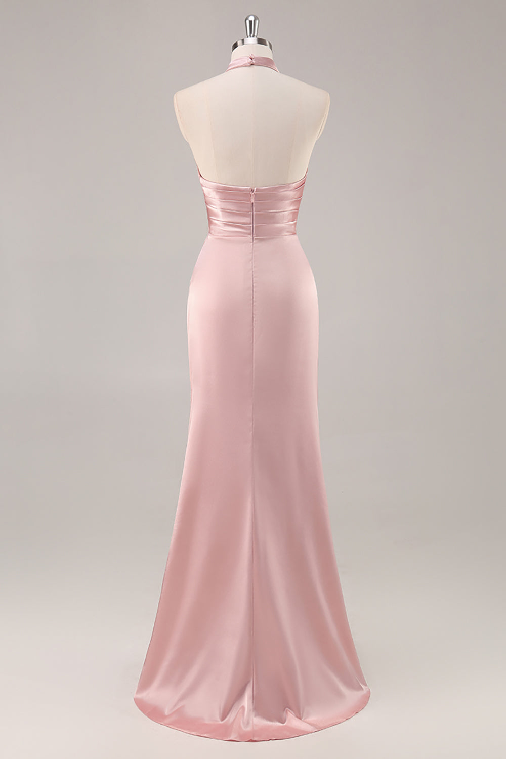 Sage Green Satin Halter Ruched Mermaid Long Bridesmaid Dress with Slit