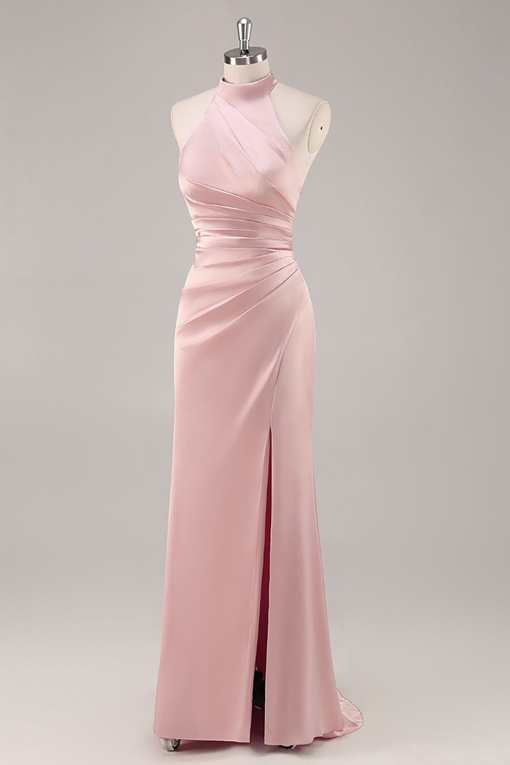Sage Green Satin Halter Ruched Mermaid Long Bridesmaid Dress with Slit