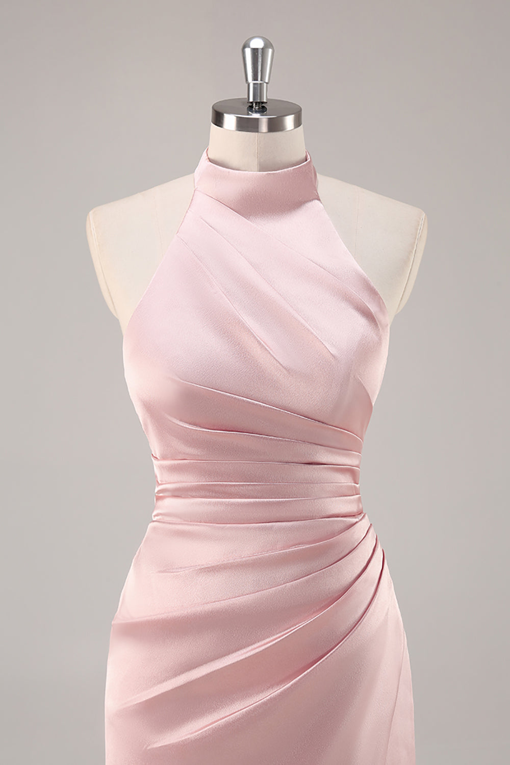 Blush Satin Mermaid Halter Ruched Long Bridesmaid Dress with Slit