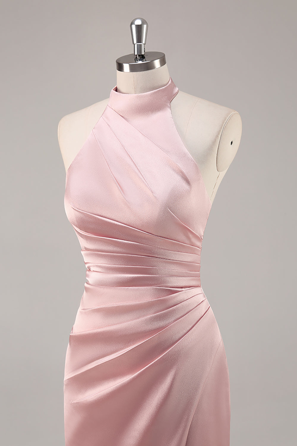 Sage Green Satin Halter Ruched Mermaid Long Bridesmaid Dress with Slit