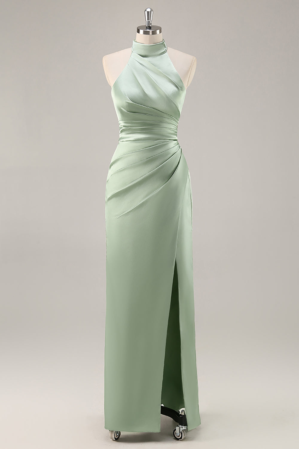 Blush Satin Mermaid Halter Ruched Long Bridesmaid Dress with Slit