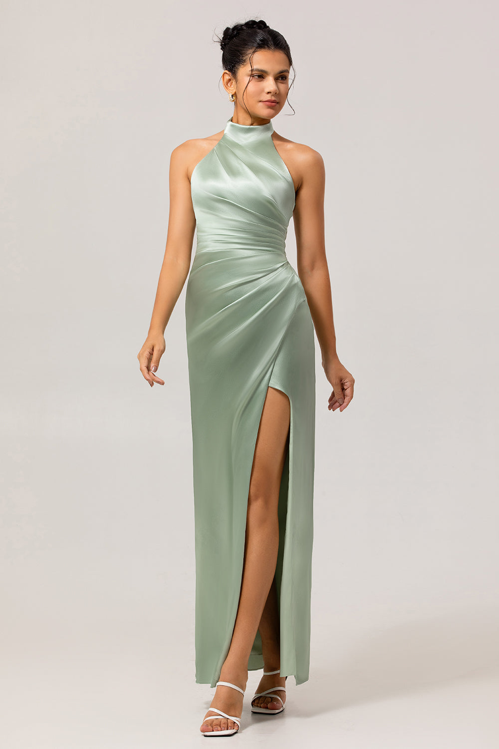 Sage Green Satin Halter Ruched Mermaid Long Bridesmaid Dress with Slit