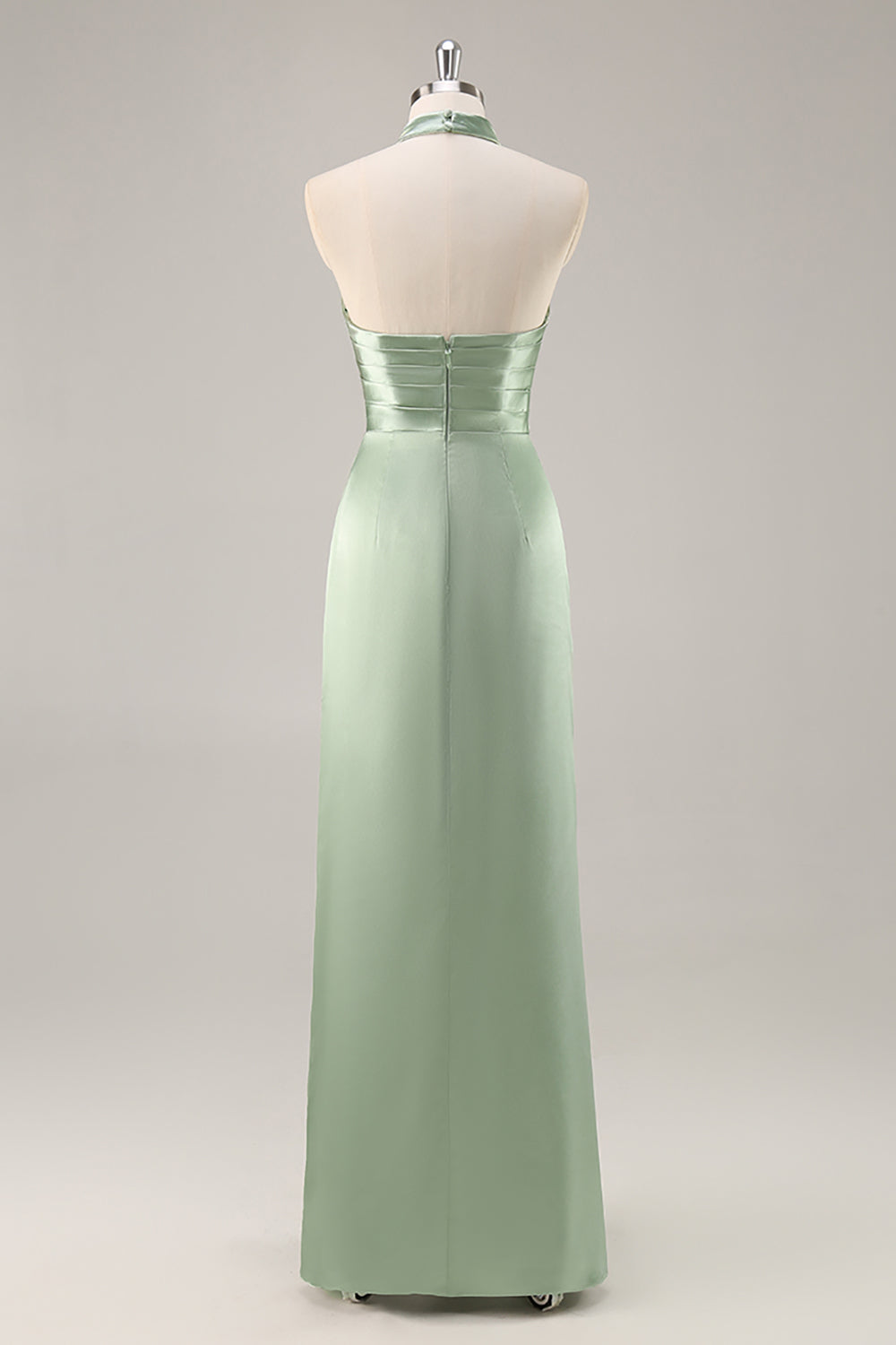 Blush Satin Mermaid Halter Ruched Long Bridesmaid Dress with Slit