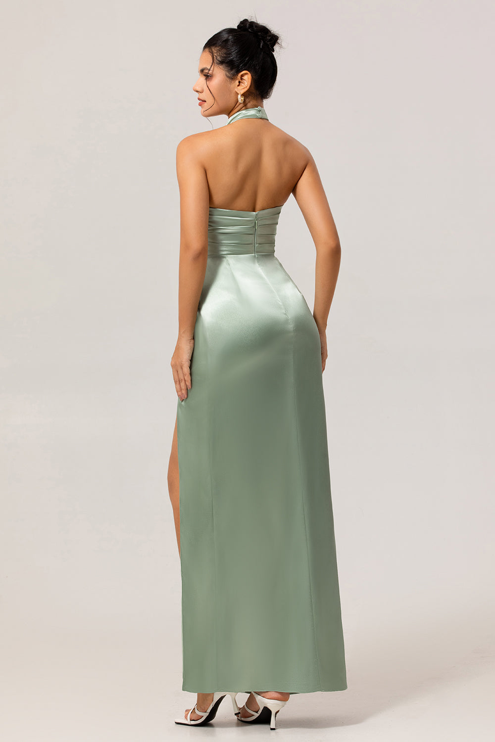 Sage Green Satin Halter Ruched Mermaid Long Bridesmaid Dress with Slit