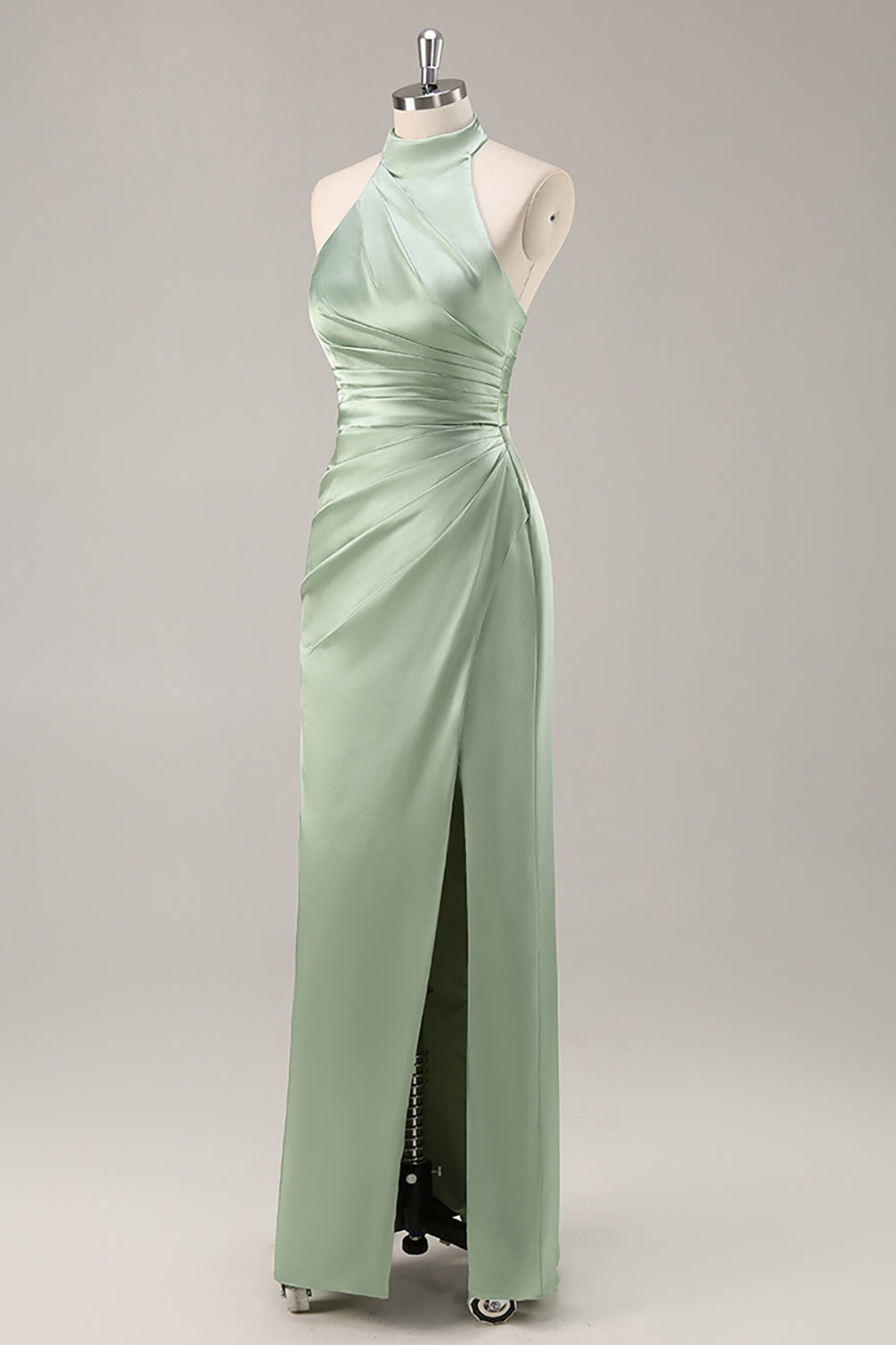 Blush Satin Mermaid Halter Ruched Long Bridesmaid Dress with Slit