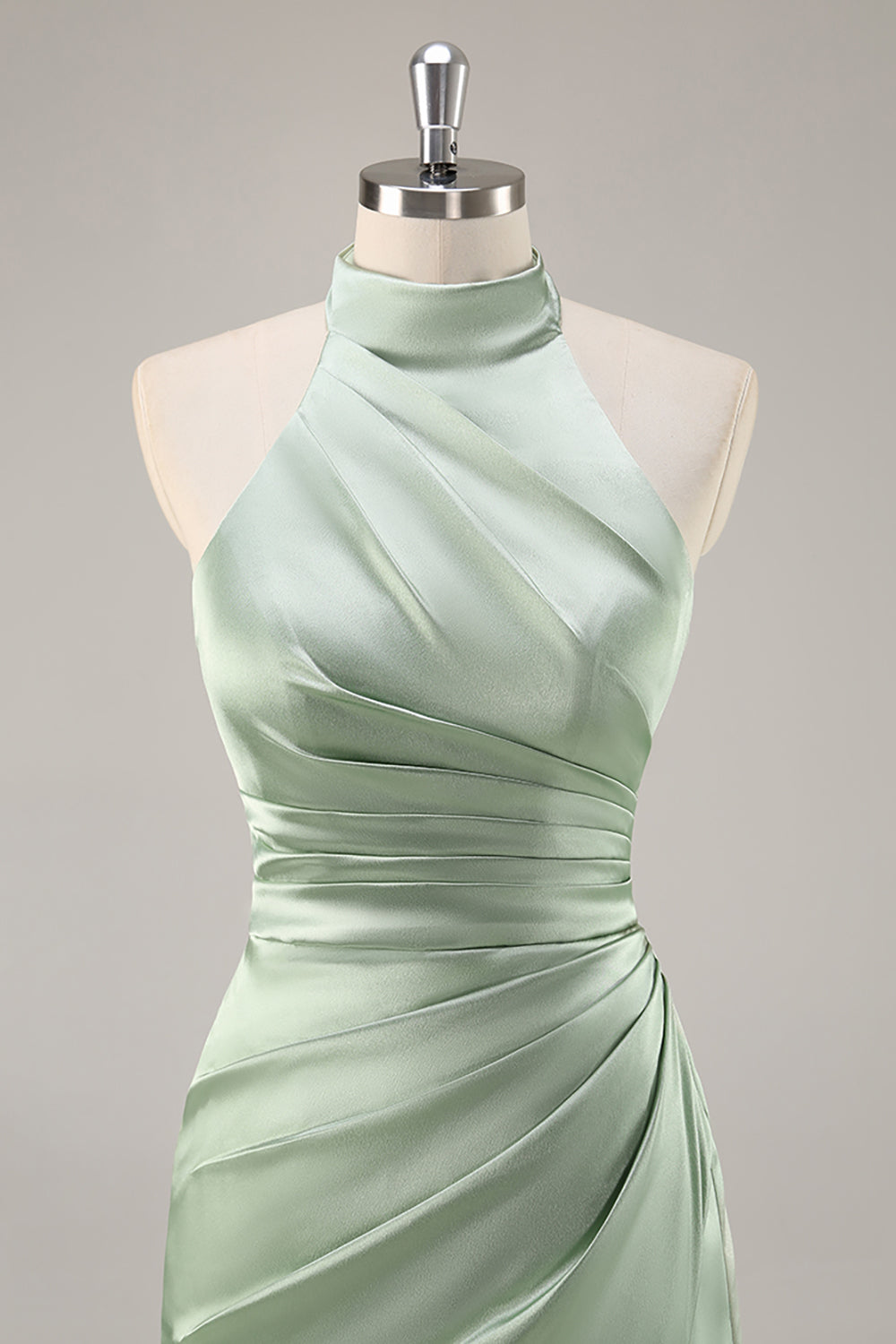 Blush Satin Mermaid Halter Ruched Long Bridesmaid Dress with Slit