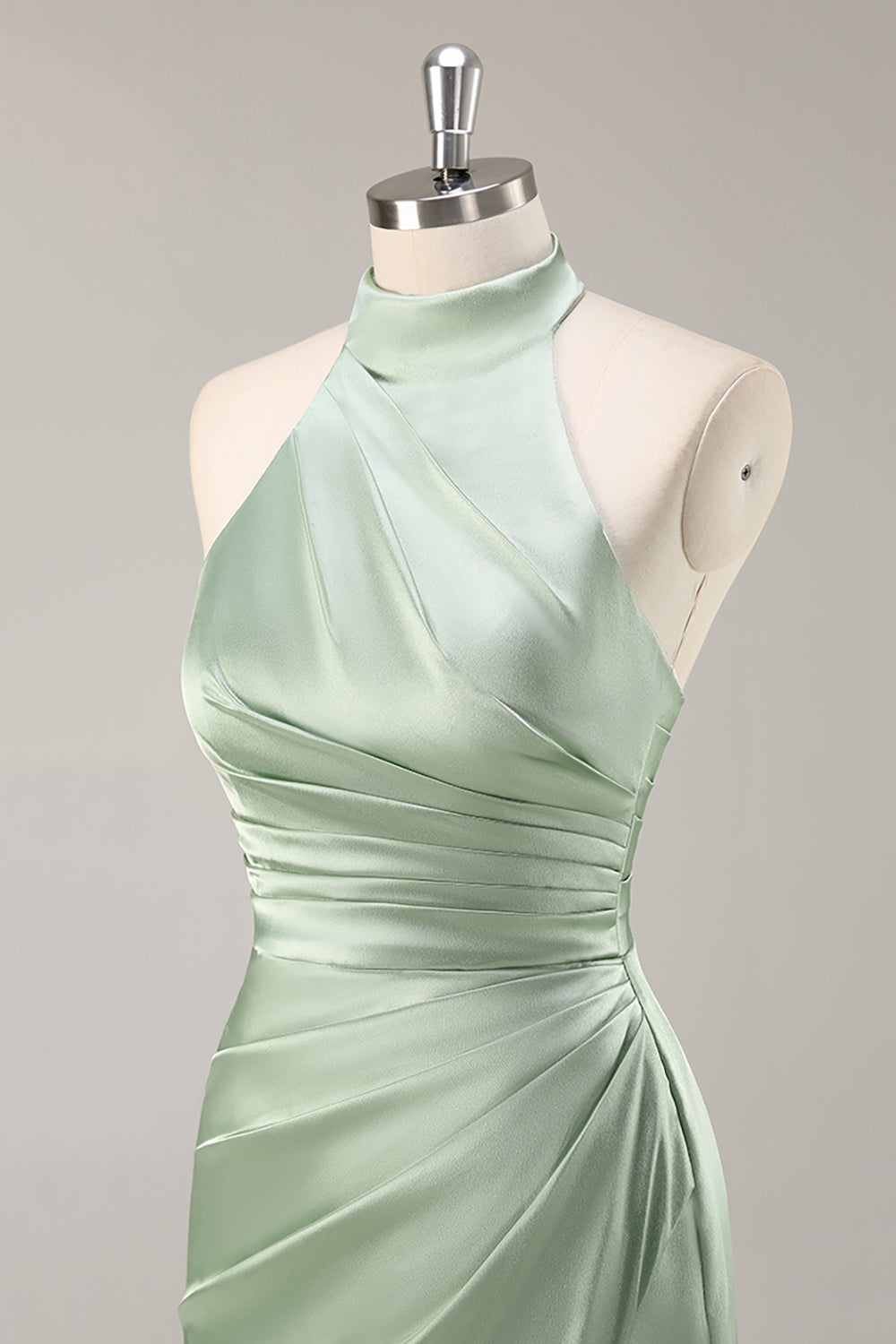 Blush Satin Mermaid Halter Ruched Long Bridesmaid Dress with Slit