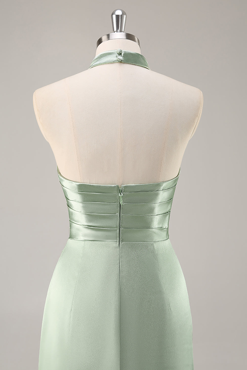 Sage Green Satin Halter Ruched Mermaid Long Bridesmaid Dress with Slit