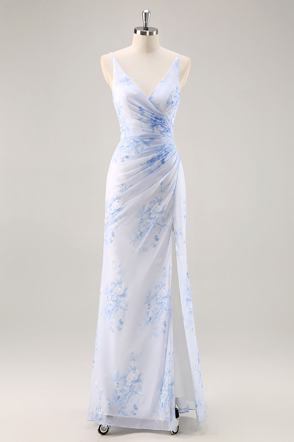 Blue Mermaid Corset Floral V-Neck Long Bridesmaid Dress with Slit