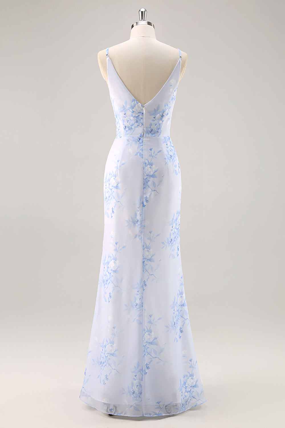 Blue Mermaid Corset Floral V-Neck Long Bridesmaid Dress with Slit