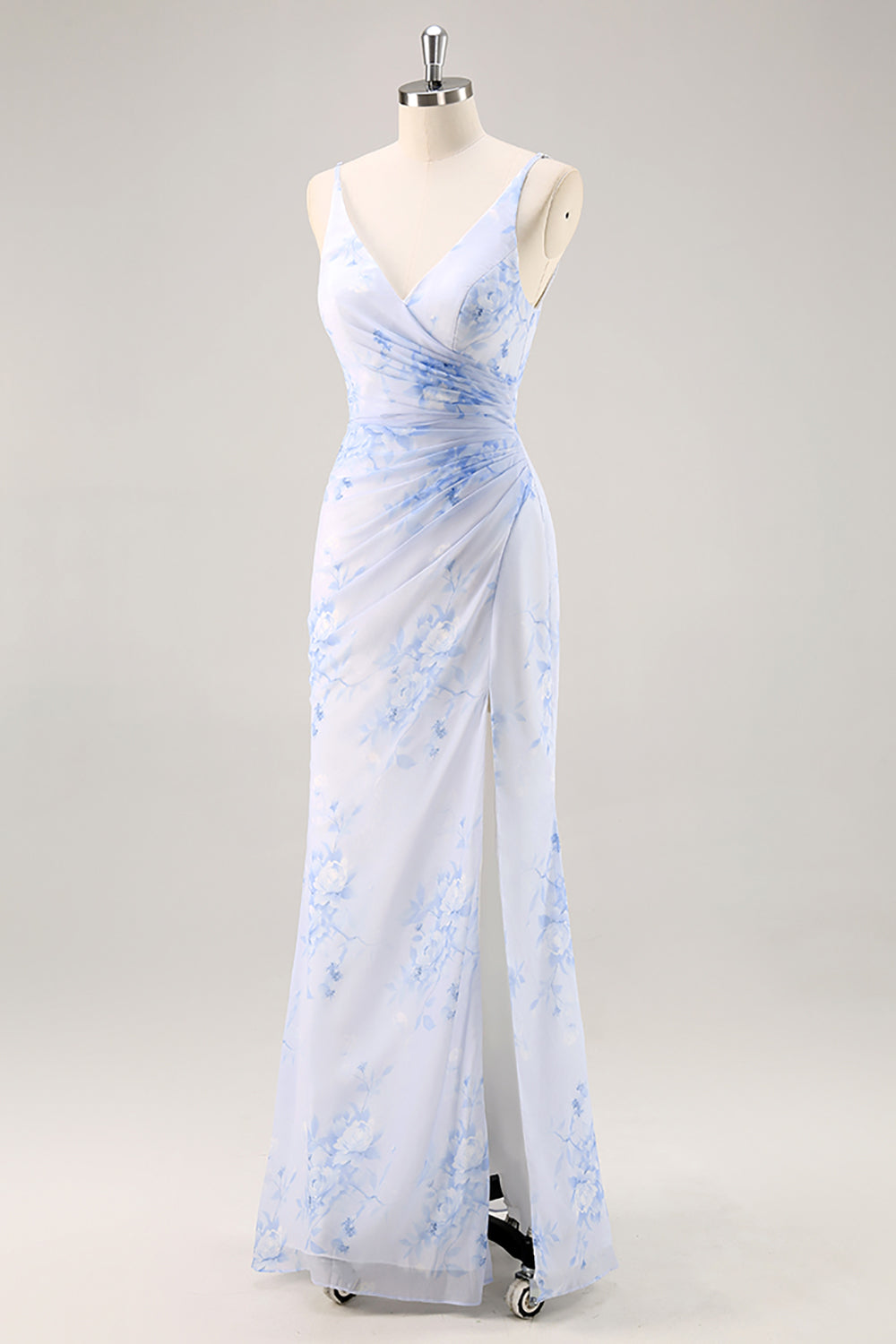 Blue Mermaid Corset Floral V-Neck Long Bridesmaid Dress with Slit