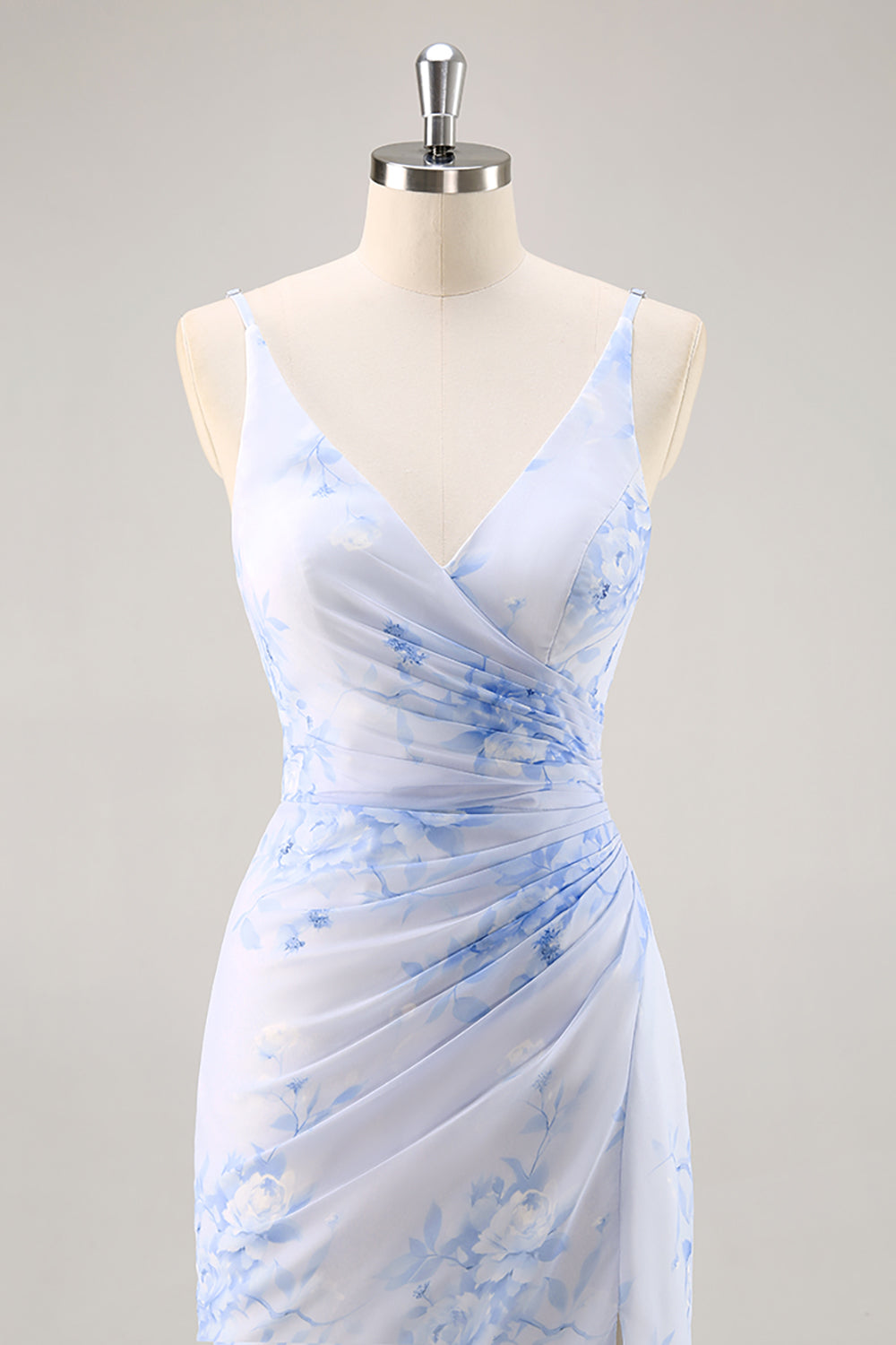 Blue Mermaid Corset Floral V-Neck Long Bridesmaid Dress with Slit