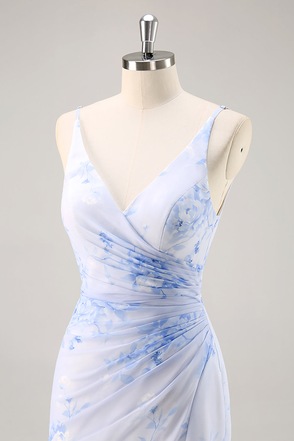 Blue Mermaid Corset Floral V-Neck Long Bridesmaid Dress with Slit