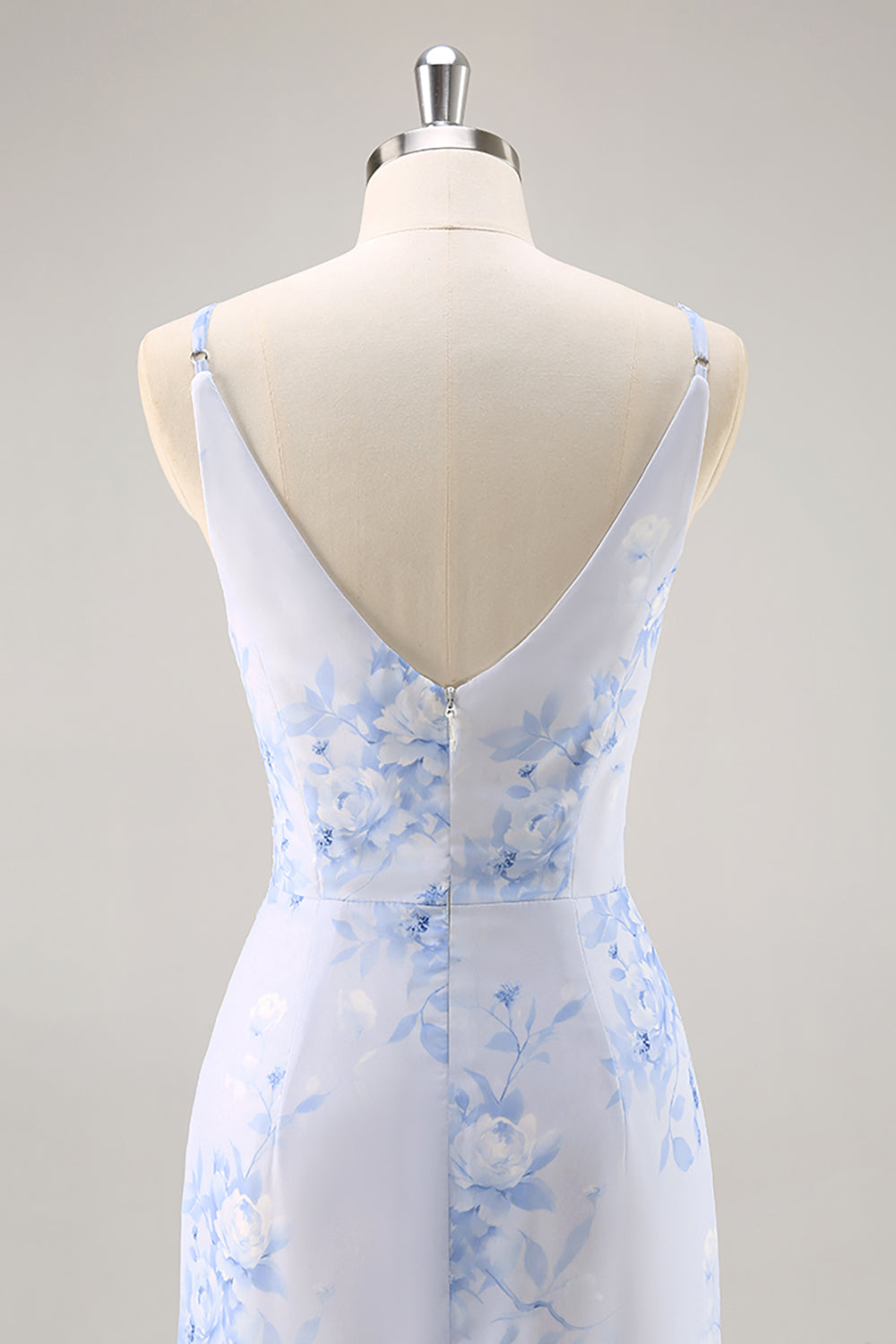 Blue Mermaid Corset Floral V-Neck Long Bridesmaid Dress with Slit