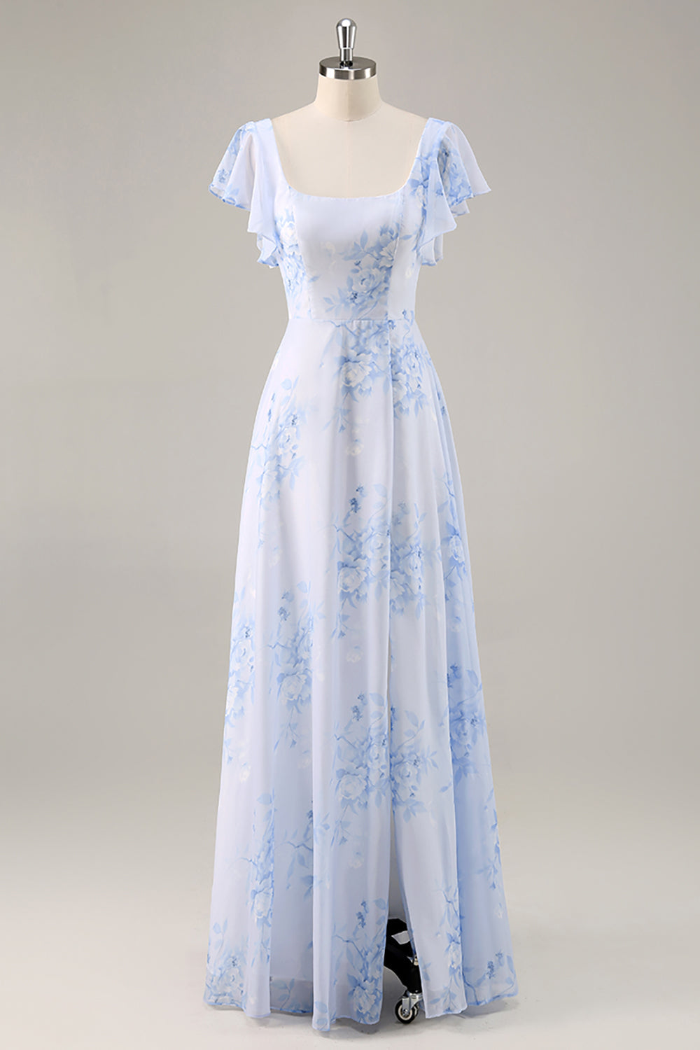 Blue Chiffon Floral Scoop Neck Ruffled Long Bridesmaid Dress with Slit